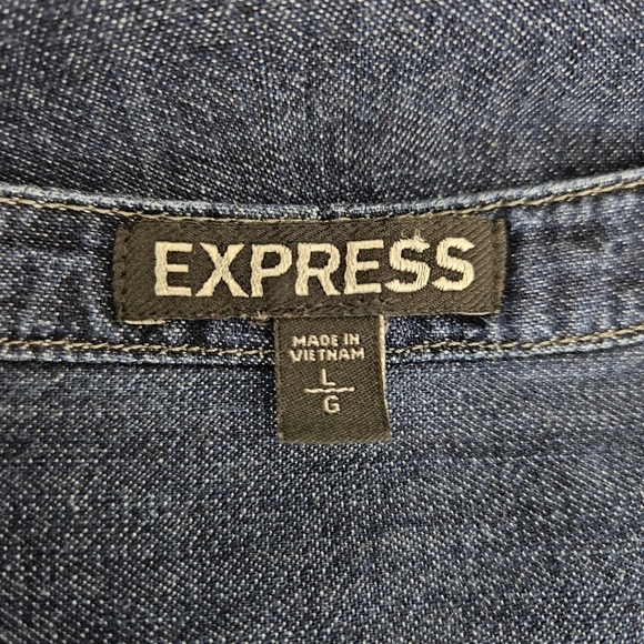 Express Denim Shift Shirt Dress Dark Wash Long Sleeve Button V Neck Large - Picture 6 of 7